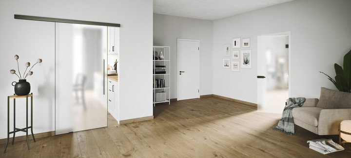 Moderner Wohnflur mit platzsparender Schiebetür auf Laufschiene und hellem Holzfußboden.
