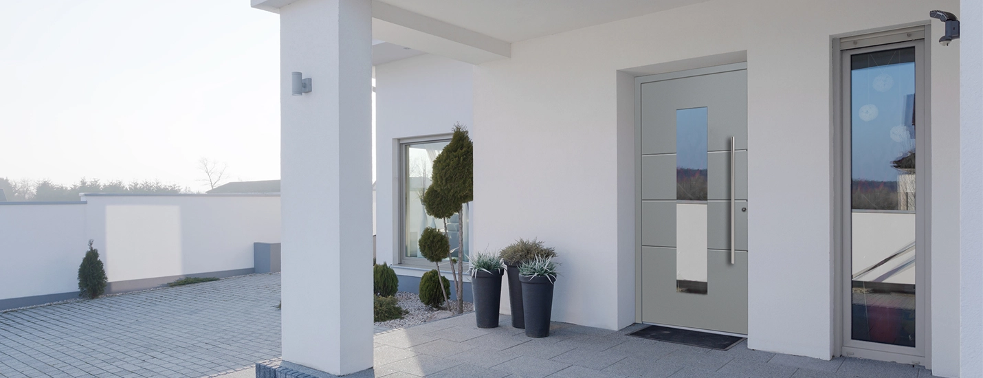 Moderner Hauseingang mit grauer Haustür und dekorativen Pflanzen.