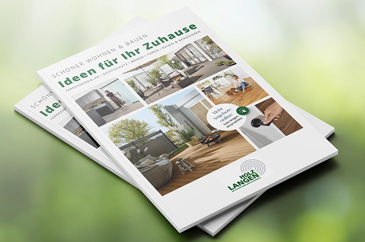 Holz Langen Katalog mit modernen Wohnideen für Terrasse, Parkett und Holzprodukte.